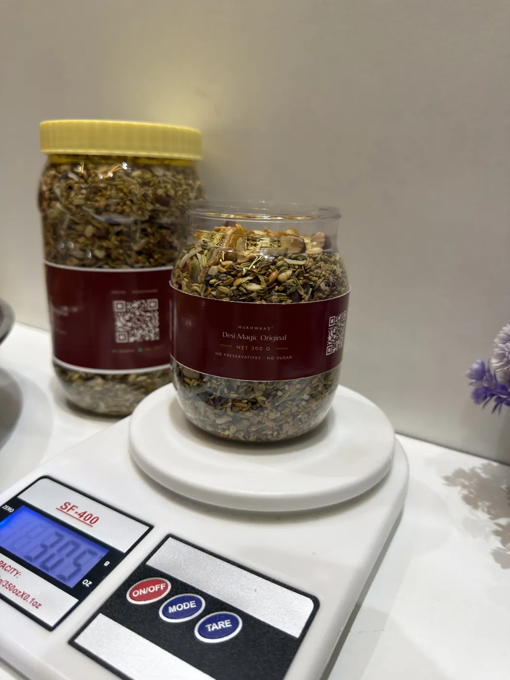 Two jars on a digital kitchen scale